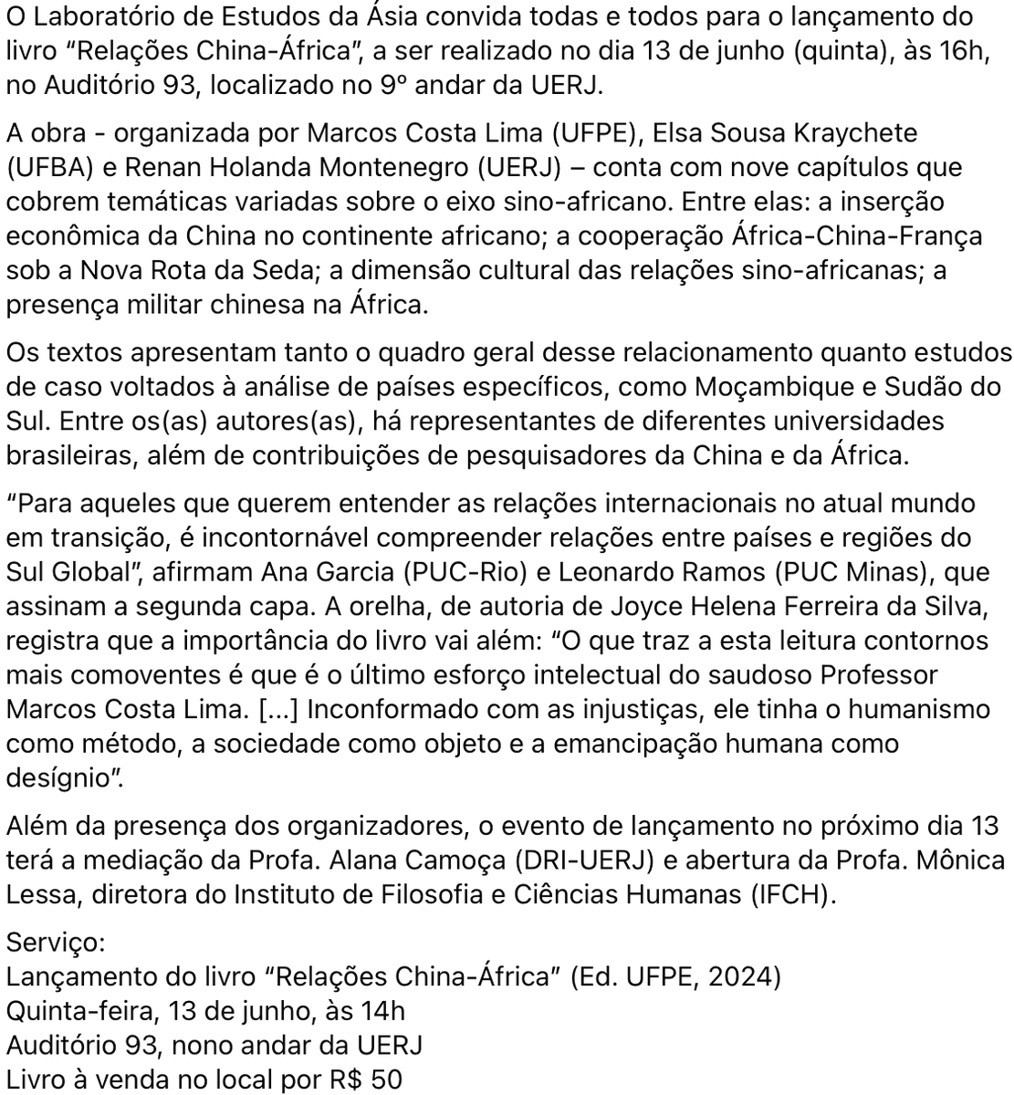 RenanHolandaM's tweet photo. **** ATENÇÃO, COLEGAS DO RIO DE JANEIRO (E QUEM ESTIVER PELA CIDADE MARAVILHOSA NA PRÓXIMA SEMANA) ***

Faremos uma sessão de lançamento do livro "Relações China-África" na UERJ. Será dia 13/06, próxima quinta. Exemplares à venda no local.  Por favor, espalhem a notícia! https://t.co/yWLJAXAJOa
