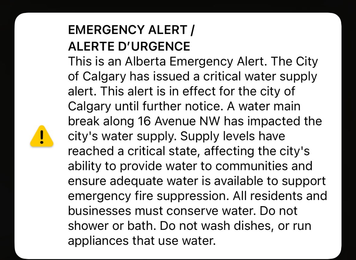 SnowflakeCDN's tweet photo. @rodrigoj1978 @AB_EmergAlert @cmcalgary Not quite. In Calgary we are being told not to bathe or wash dishes https://t.co/wVu1Yb8p4r