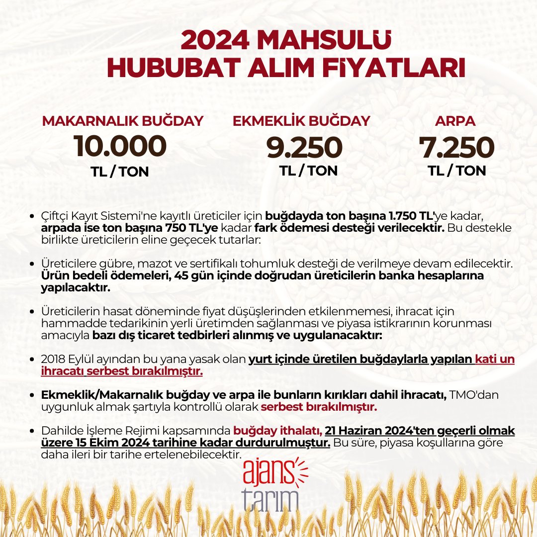 TMO'nun 2024 hububat alım fiyatları ve destekleri belli oldu! Buğday ve arpa üreticilerimiz için önemli duyurular ve yeni tedbirler açıklandı. #Tarım #TMO #Hububat #sondakika #haber