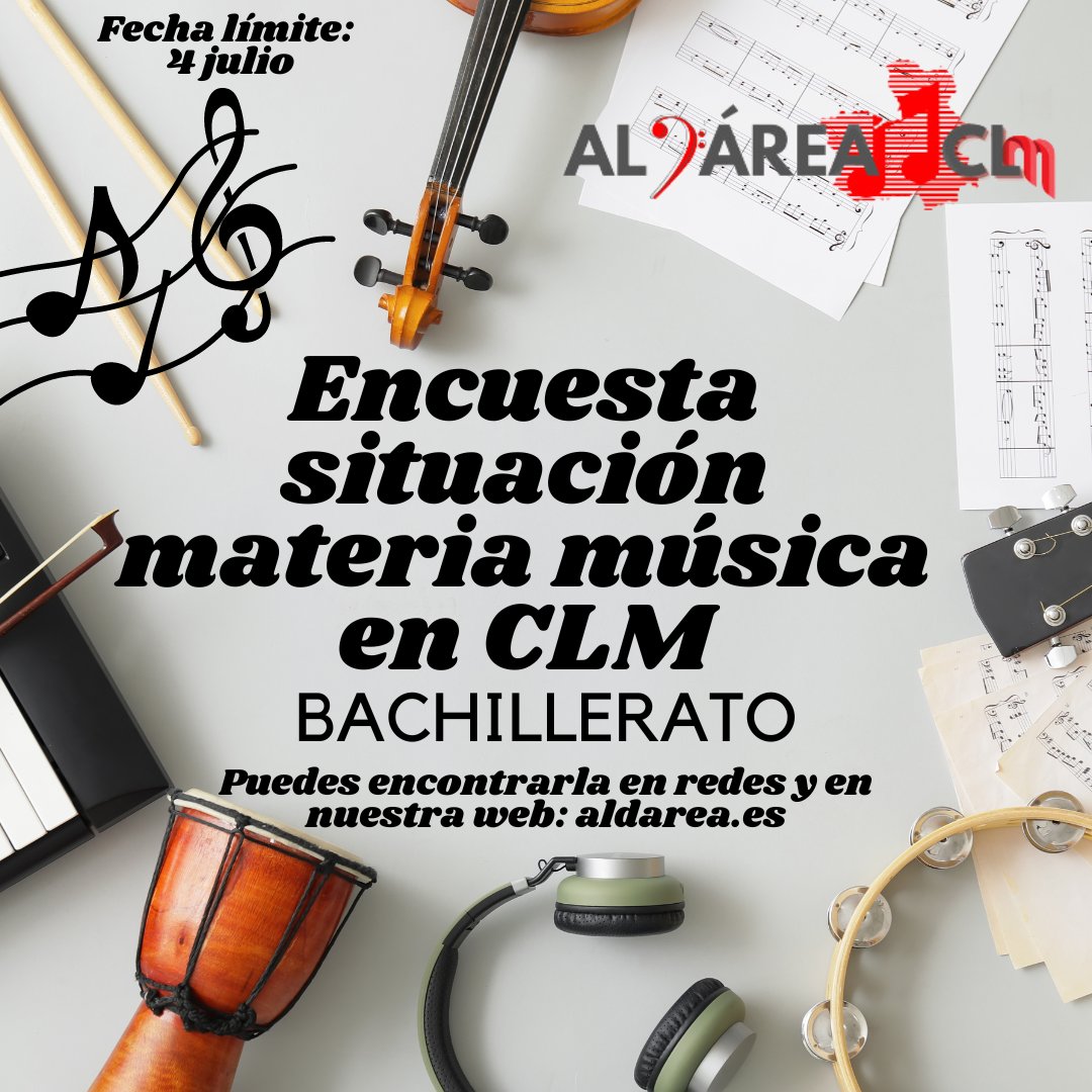 Lanzamos a todo el profesorado de música de Bachillerato de CLM, esta encuesta para tener datos objetivos de la carga lectiva de nuestra materia de música, tras la modificación de Decreto de Bachillerato. forms.gle/nQZ62x3BtuTLsH…
 #nosimportalamúsica  #nosinmúsicaenBachillerato