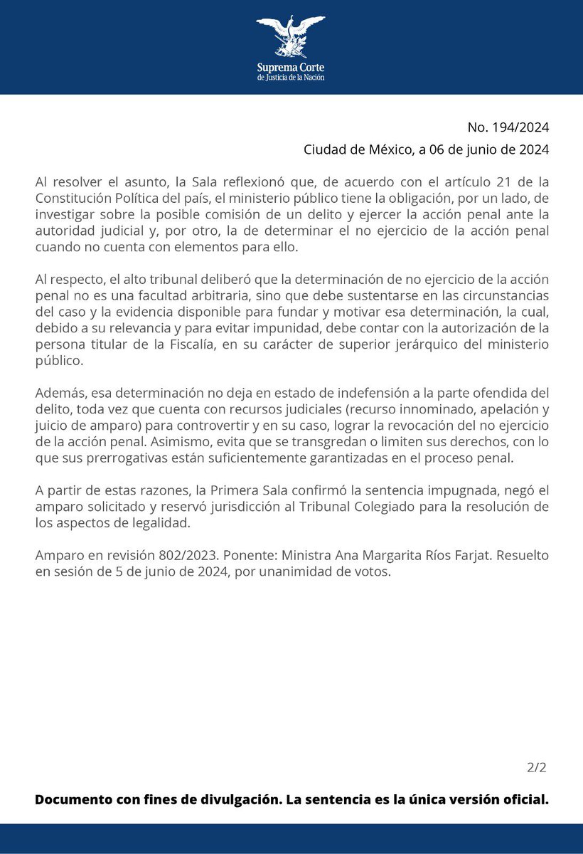 La #PrimeraSalaSCJN determinó que es constitucional que el ministerio público pueda decretar el no ejercicio de la acción penal si carece de elementos para ello. bit.ly/45kmPow