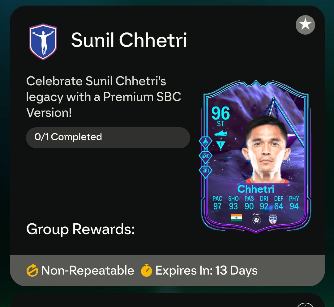 Legacy card SBC for our captain <a href="/chetrisunil11/">Sunil Chhetri</a> 🌟Good on you <a href="/EASPORTSFC/">EA SPORTS FC</a>
