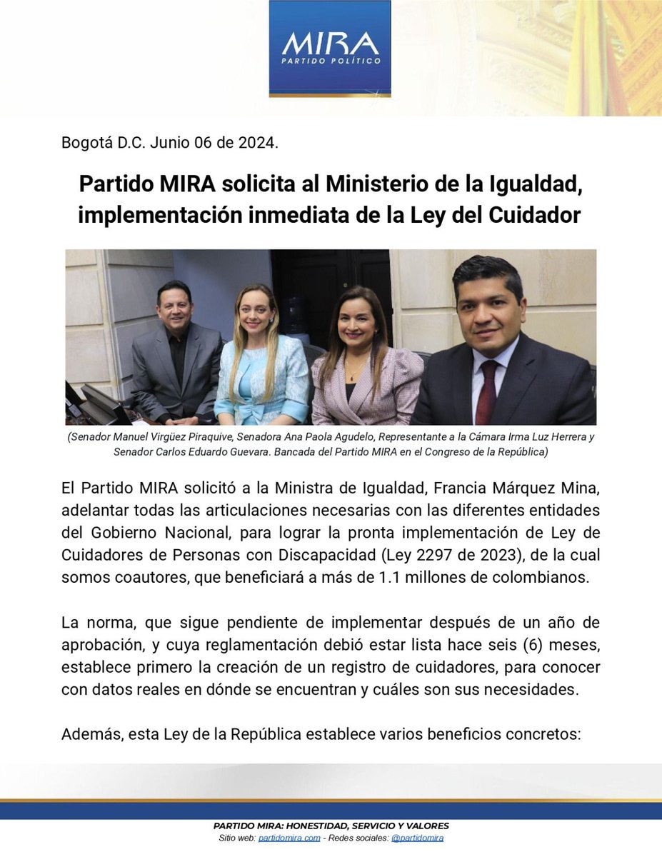 PartidoMIRA's tweet photo. Comunicado:

El @PartidoMIRA solicita a la Vicepresidenta y Ministra @FranciaMarquezM @MinIgualdad_Col, la implementación inmediata de la Ley de cuidadores de personas con discapacidad, tras un año de haber sido aprobada.

La norma beneficiará a más de 1.1 millón de cuidadores. https://t.co/i5OkeLFXQ9