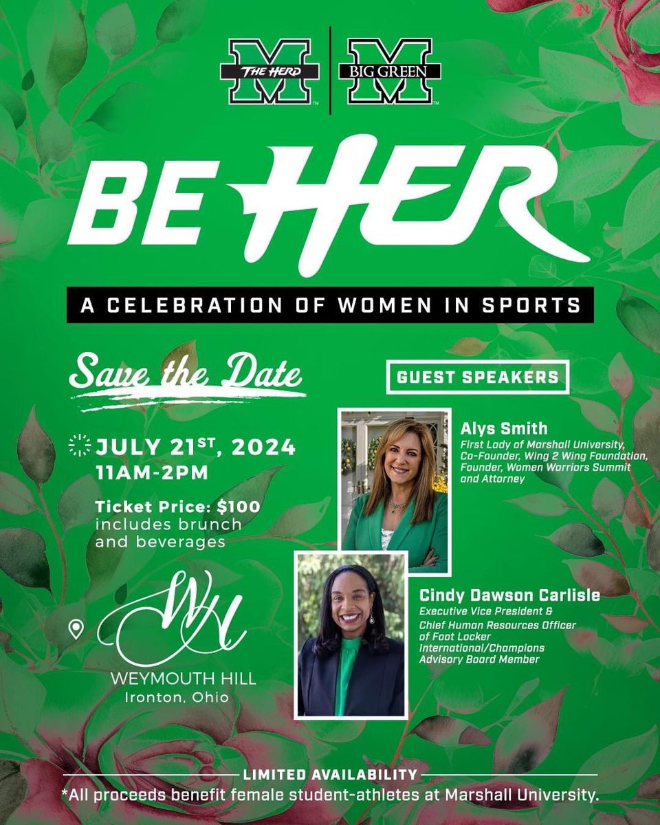 🌸💚 Join us in celebrating women in Marshall Athletics at this special event!

Be Here.. Be Her

Limited availability, get your tickets here:
bit.ly/BeHERtickets