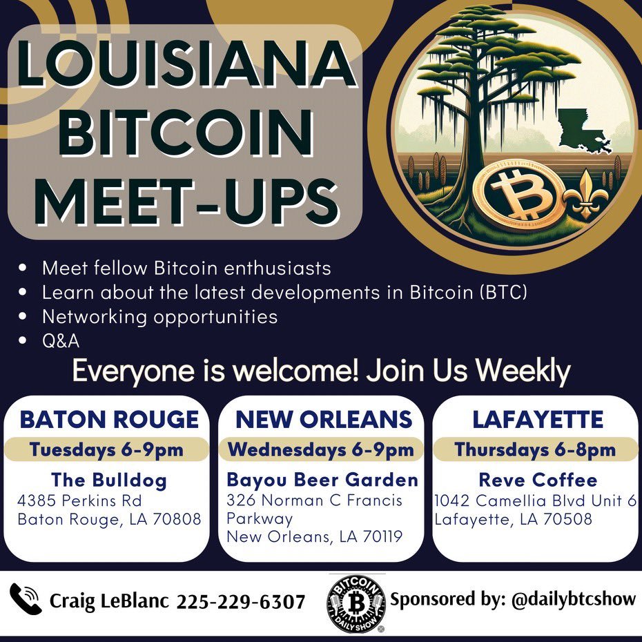 If you live in New Orleans, or are just passing through, be sure to check out the New Orleans Weekly Bitcoin Meetup led by <a href="/CraigLeBlancP11/">Craig LeBlanc “The Doorman🚪🗣️”</a>!