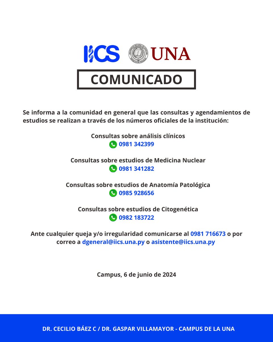Atención a la comunidad en general:
Les recordamos que las consultas y agendamientos de estudios en el IICS-UNA se realizan exclusivamente a través de nuestros números oficiales 👇