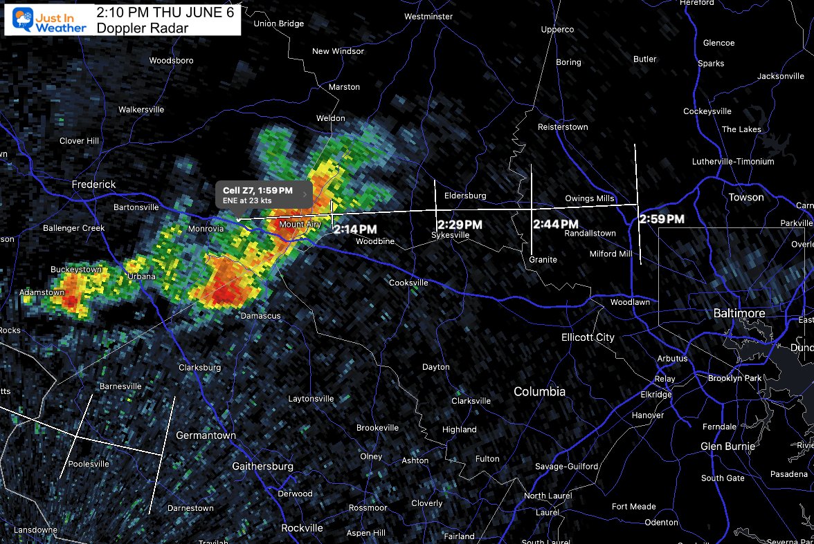 JustinWeather's tweet photo. As of 2:10 PM, this is hitting Mount Airy AND splitting up with another piece approaching Damascus... and speeding up... Eldersburg now can expect this to arrive just before 2:30 PM https://t.co/KzL52SdLBQ