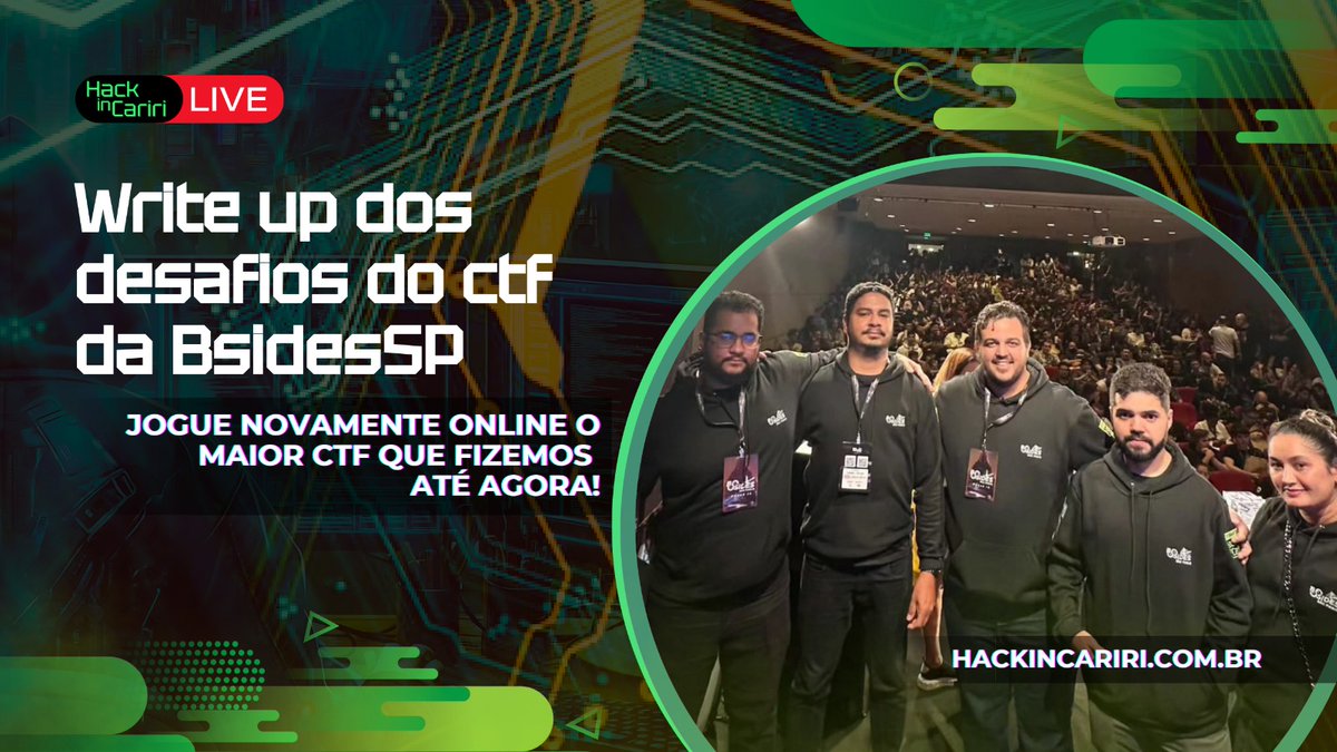 🚨E aí comunidade HiC!🚨

Prontos pra nossa live de WRITE UP da BsidesSP?!

🌟 Resumo do evento.
🧑🏽‍💻 Convidados do Call of Challengers.
🔐 Resolvendo desafios que ninguém conseguiu no evento.
🎯 Rejogue o CTF ao vivo com a gente!

📅 Hoje às 20h
📍 Onde: lnkd.in/d3uFw2Pw