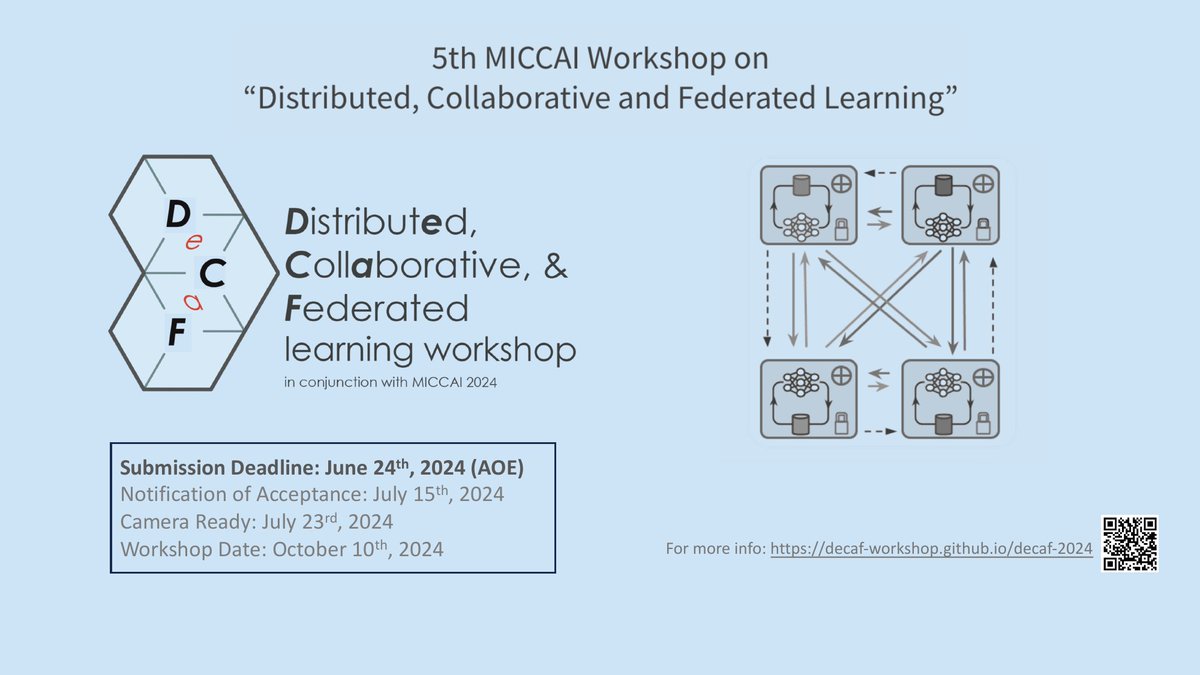 We are glad to announce that the 5th #MICCAI workshop on distributed, collaborative and federated learning (DeCaF) are here!
Submit your work by **24th of June 2024 AOE** and join us in Morocco!
For more info, please visit our website: decaf-workshop.github.io/decaf-2024.