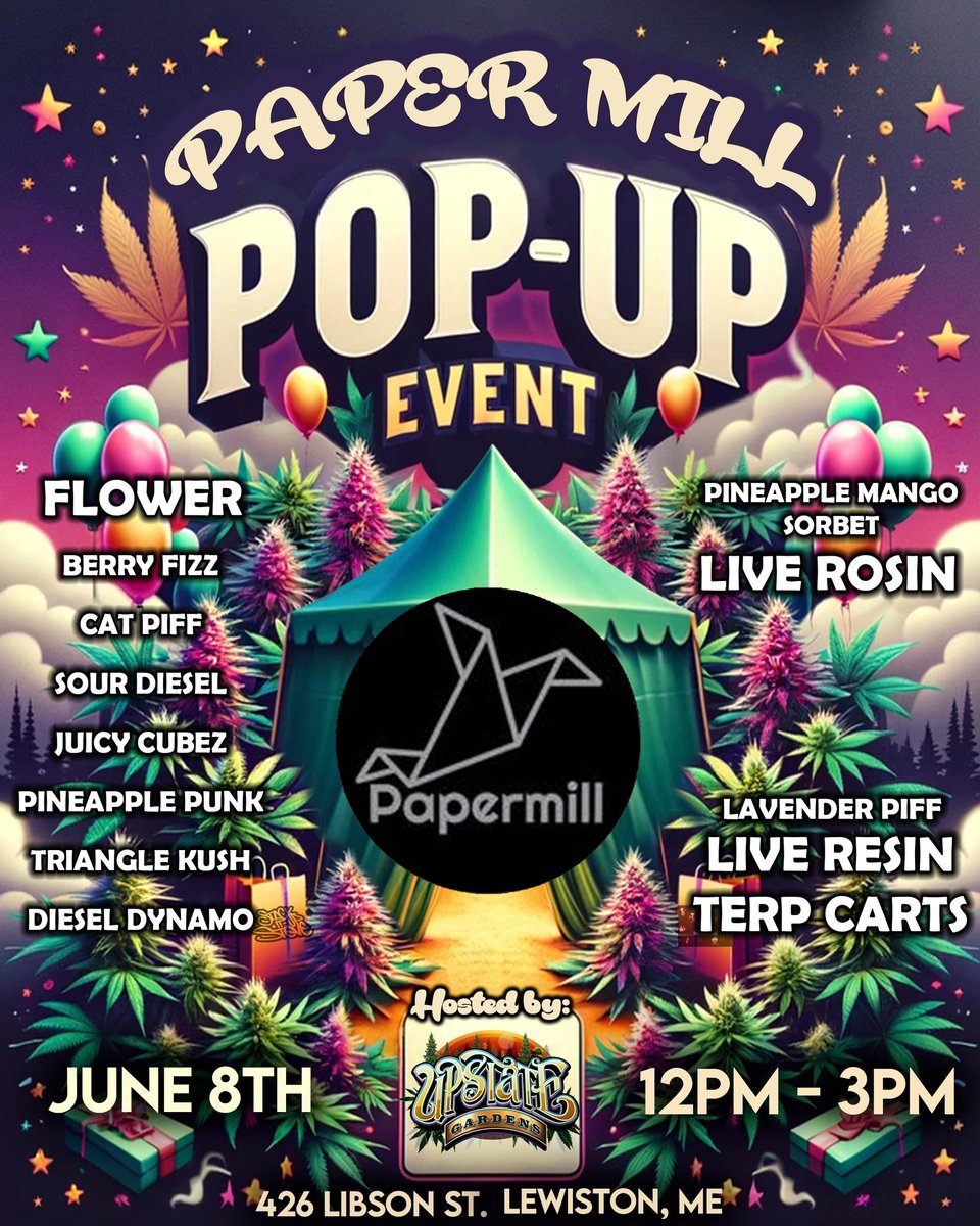 UpstateGardens's tweet photo. Pop Up w/ Papermill Menu

Flower: $25 per 1/8

Live Rosin: $50 per 1g

Live Resin Terp Carts: $40 per .5g https://t.co/9F3A5OMrrg
