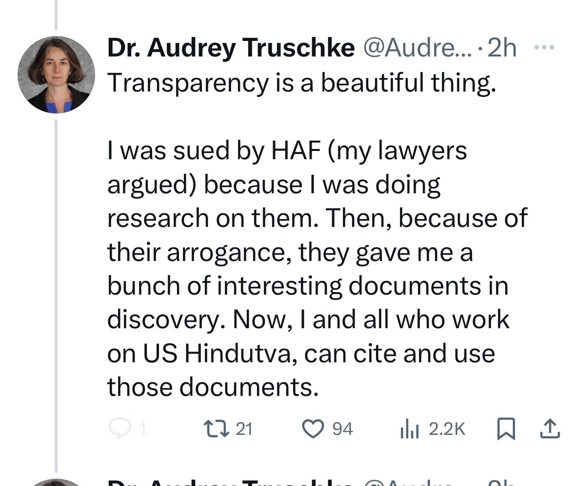 SuhagAShukla's tweet photo. #Alert | Right now, Audrey Truschke is contacting HAF friends, seemingly to intimidate them—and on social media, implying that HAF donors names will be revealed in the wake of our defamation lawsuit from 2021.

This is false.

Our supporters do not need to worry. Not a single bit of identifying information exists in court documents.

I’m not the only one noting Audrey’s difficulty with truth. 

Remember Footnote 9 in the court’s decision? The one that rendered Truschke a Court Certified Liar?

Okay, that’s now us lawyers speak. Actually, her statements about us were ruled “arguably verifiably false.”🧵