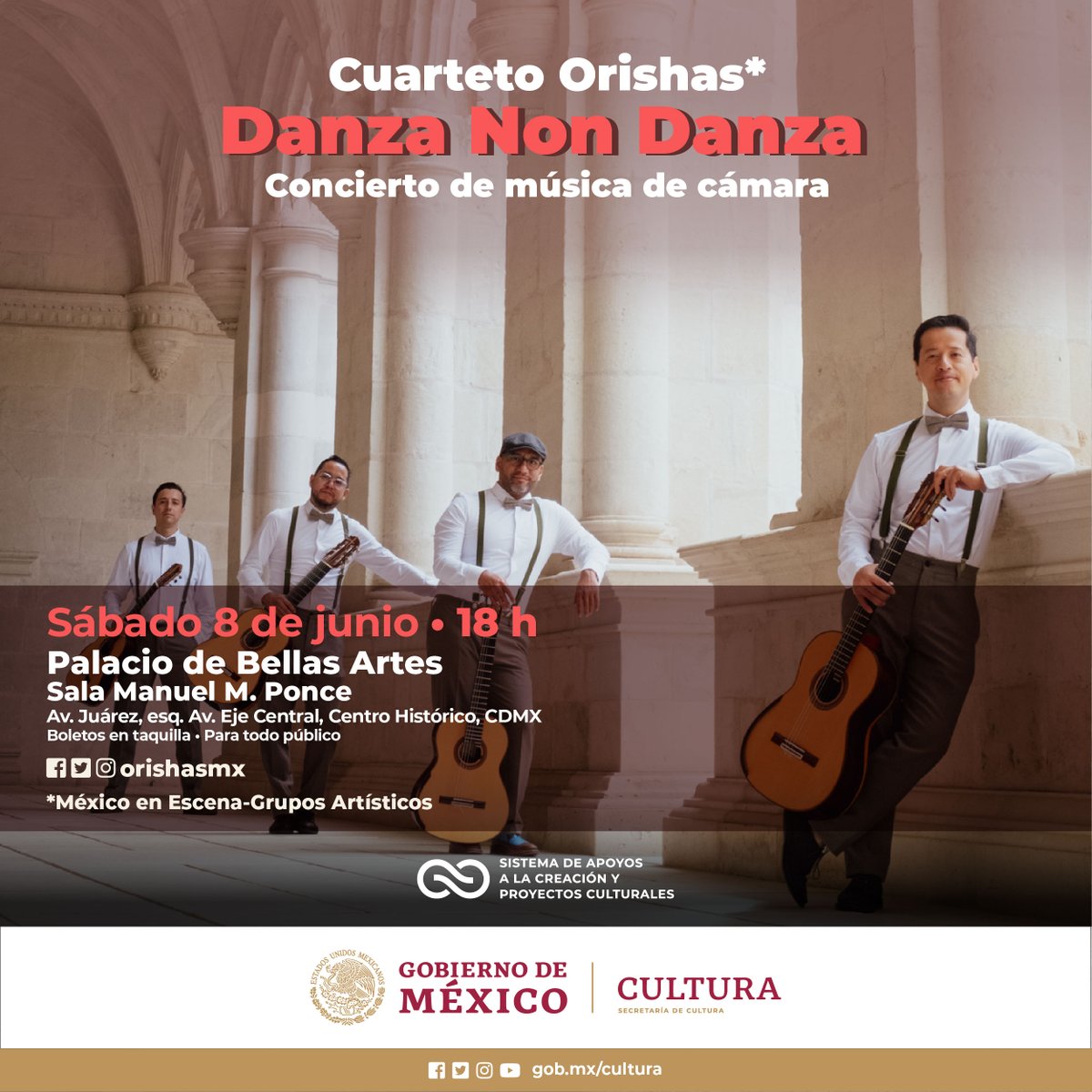 🎸“Danza non Danza” es un programa para cuatro guitarras con música del mundo que el Cuarteto <a href="/orishasmx/">Cuarteto Orishas</a> (México en Escena) presentará en el <a href="/PalacioOficial/">PalaciodeBellasArtes</a>. ¡Asiste!

📅8 de junio, 18 h
📍Sala Manuel M. Ponce

<a href="/cultura_mx/">Secretaría de Cultura</a>