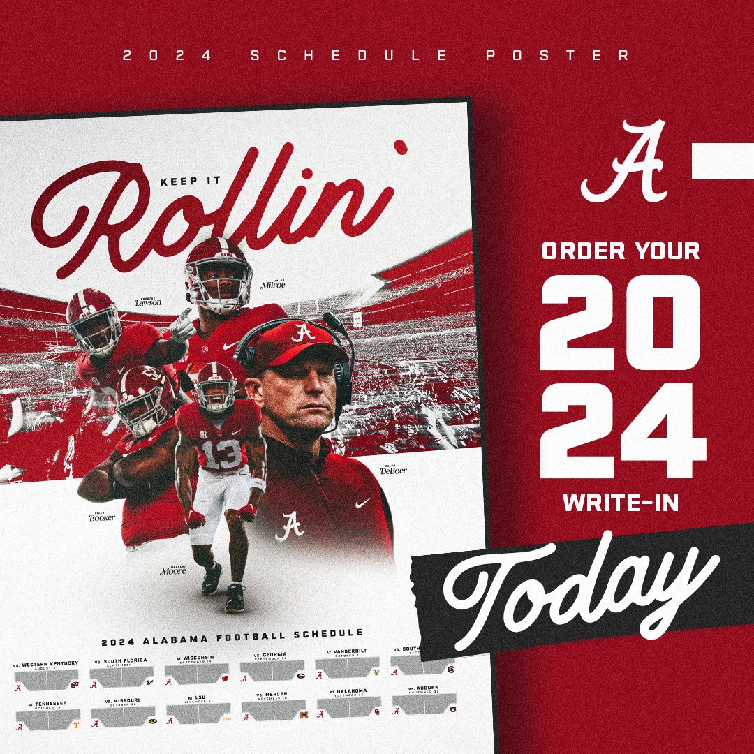 UA_CTSN's tweet photo. Order your 2024 @AlabamaFTBL Write-in Schedule Posters now! Just $5 a poster to Roll with the Tide all season long! #RollTide

**Minimum of 25 posters per order**
Follow the link below to place your order today!

https://t.co/I0K2UieLYj https://t.co/sgkVQcN91v
