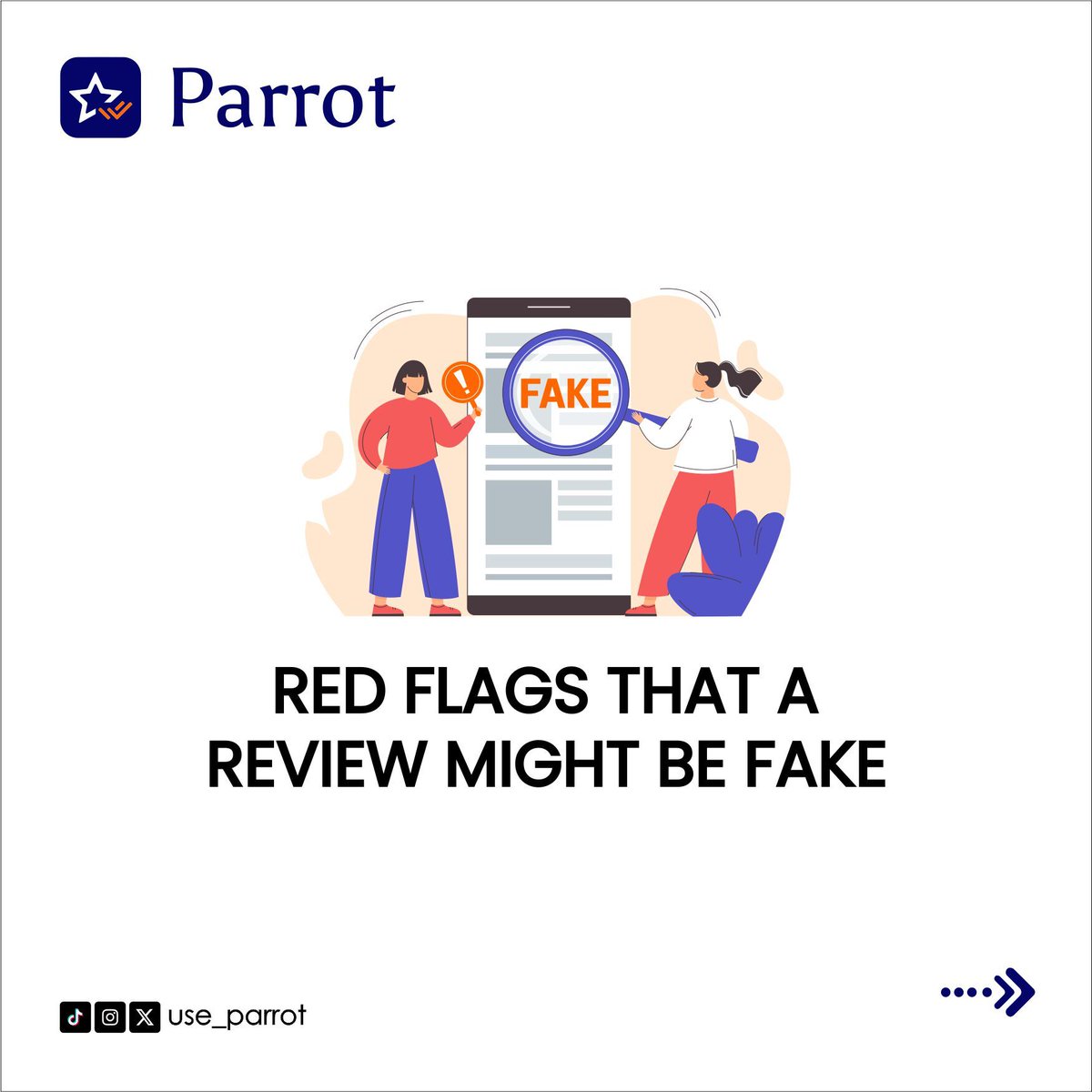 use_parrot's tweet photo. Reviews are powerful tools, but can be misleading when they're fake.
Swipe to learn how to spot reviews that MIGHT be fake and ensure you choose the BEST businesses!
#fakereviews #redflagsinreviews #detailedreviews #readreviews https://t.co/XmWErvmTPU