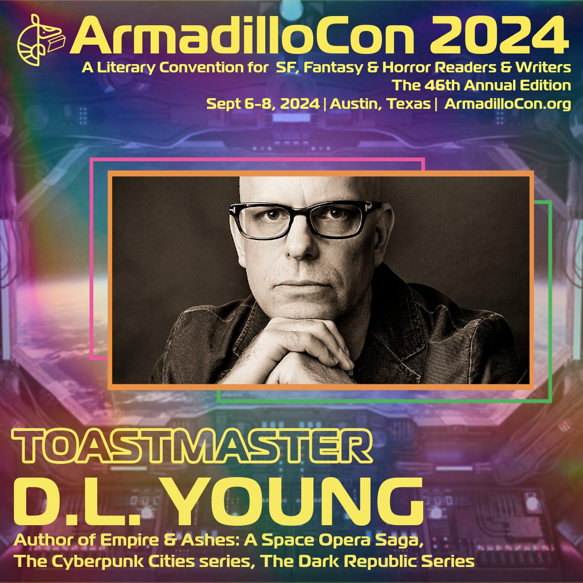 armadillocon's tweet photo. The wonderful @DLYoungWriterwill be Toastmaster at this year's ArmadilloCon! 
Join us for the 46th annual Austin gathering of people who love weird and imaginative stories! 
#keepaustinweird #familyreunion https://t.co/vGOgkjigjh