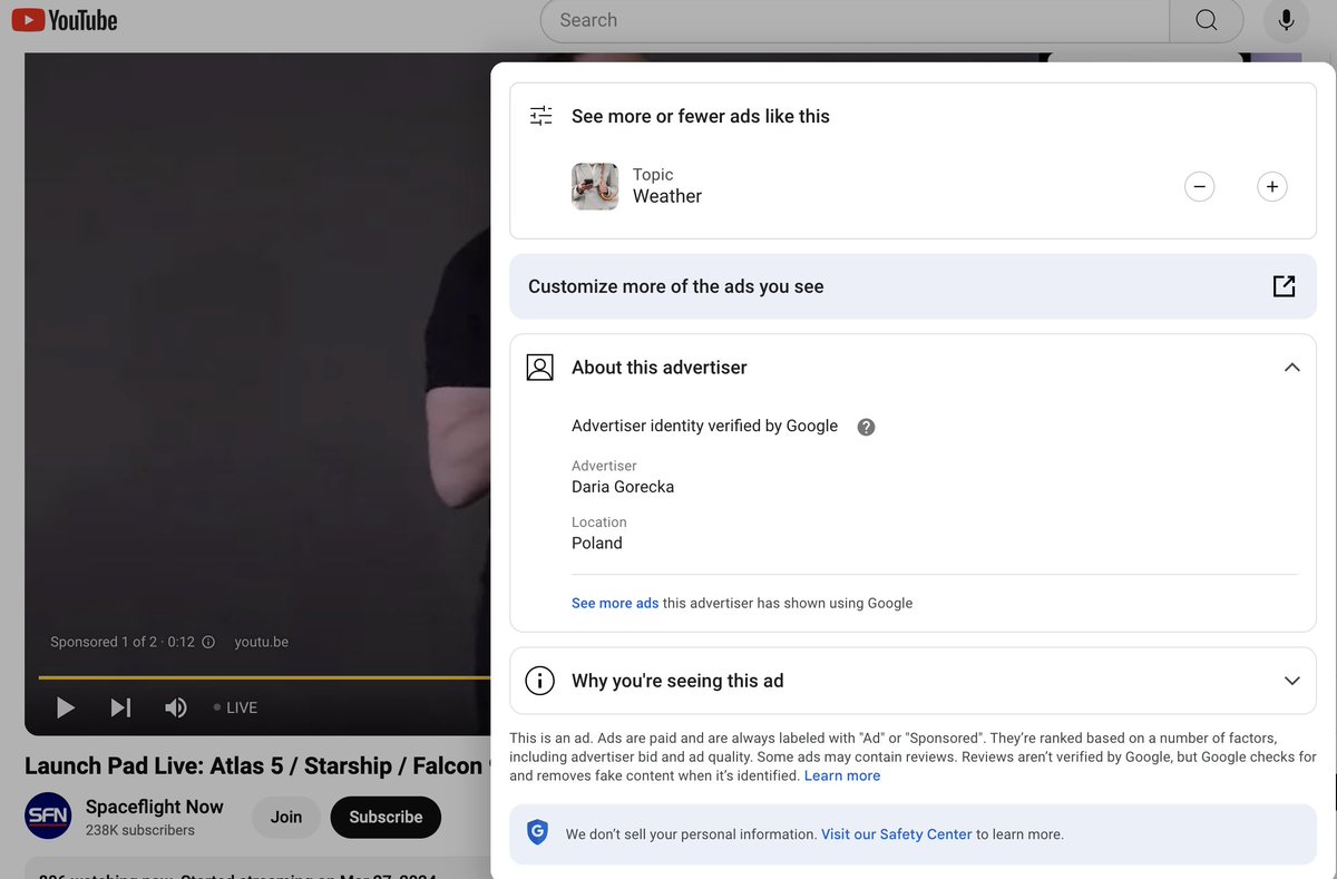 CLydstone's tweet photo. Fake Elon video ad running with a QR code promoting BTC drops on YouTube preroll for the Starliner capsule live feed. Not a good look @GoogleAds. @elonmusk https://t.co/FvMbN0m5Ij