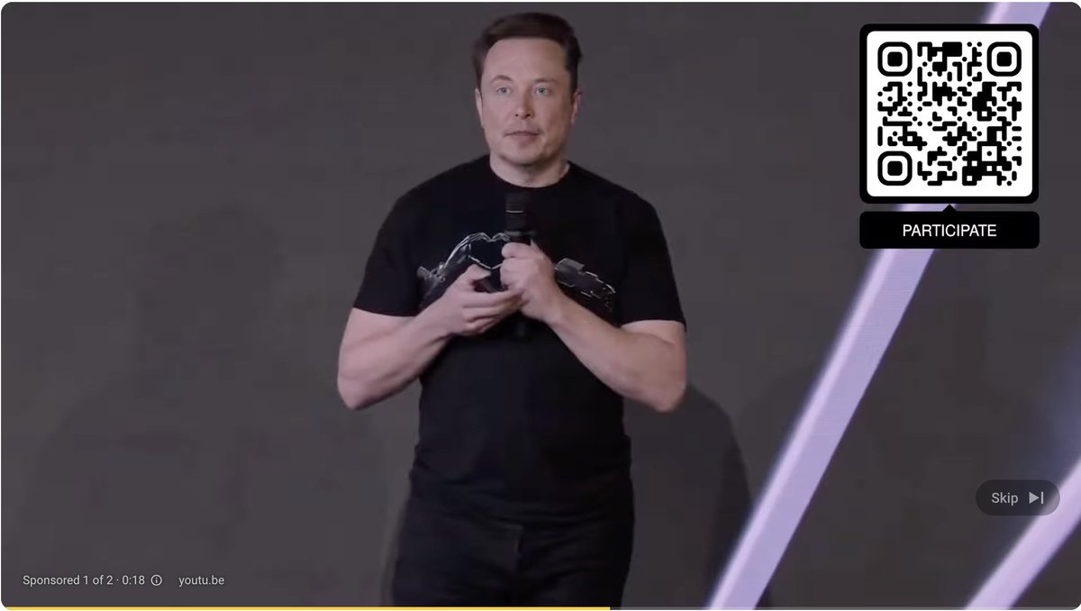 CLydstone's tweet photo. Fake Elon video ad running with a QR code promoting BTC drops on YouTube preroll for the Starliner capsule live feed. Not a good look @GoogleAds. @elonmusk https://t.co/FvMbN0m5Ij