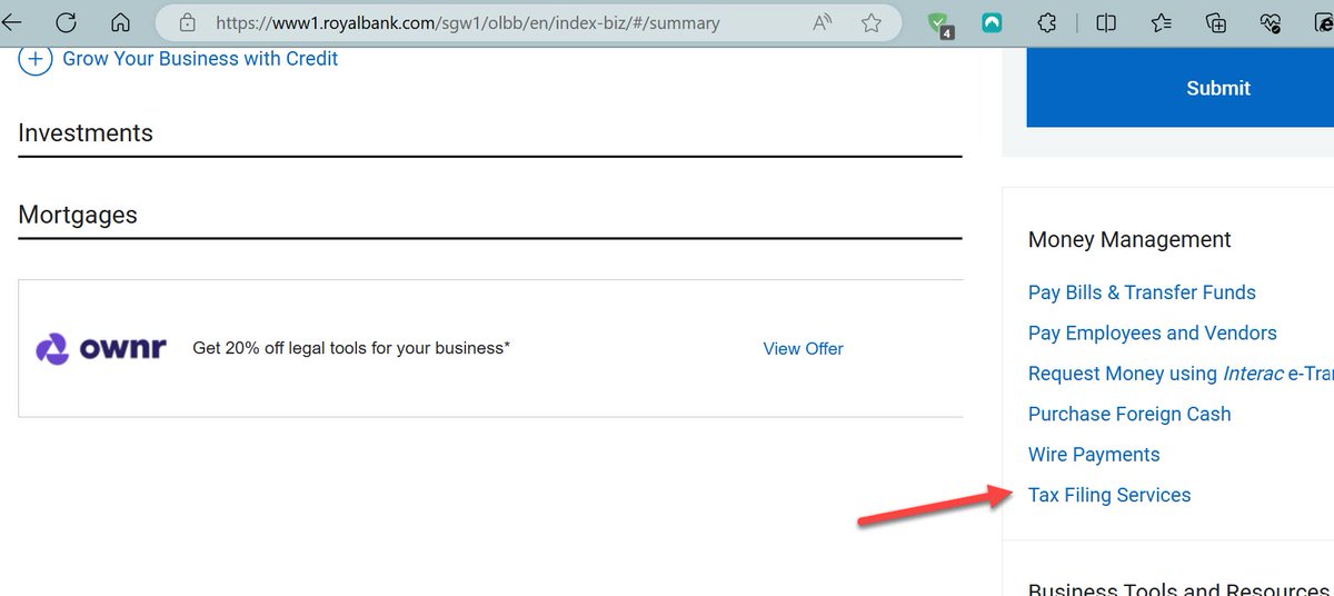 pleadwell's tweet photo. @RBC Using the website there is no obvious way to report an issue without jumping through many hoops.  I am a business owner and your RBC tax filing service through can-act has an user issue resulting in a page not found when accessed through Tax Filing Service on the right pane https://t.co/zPxXKoXXbC