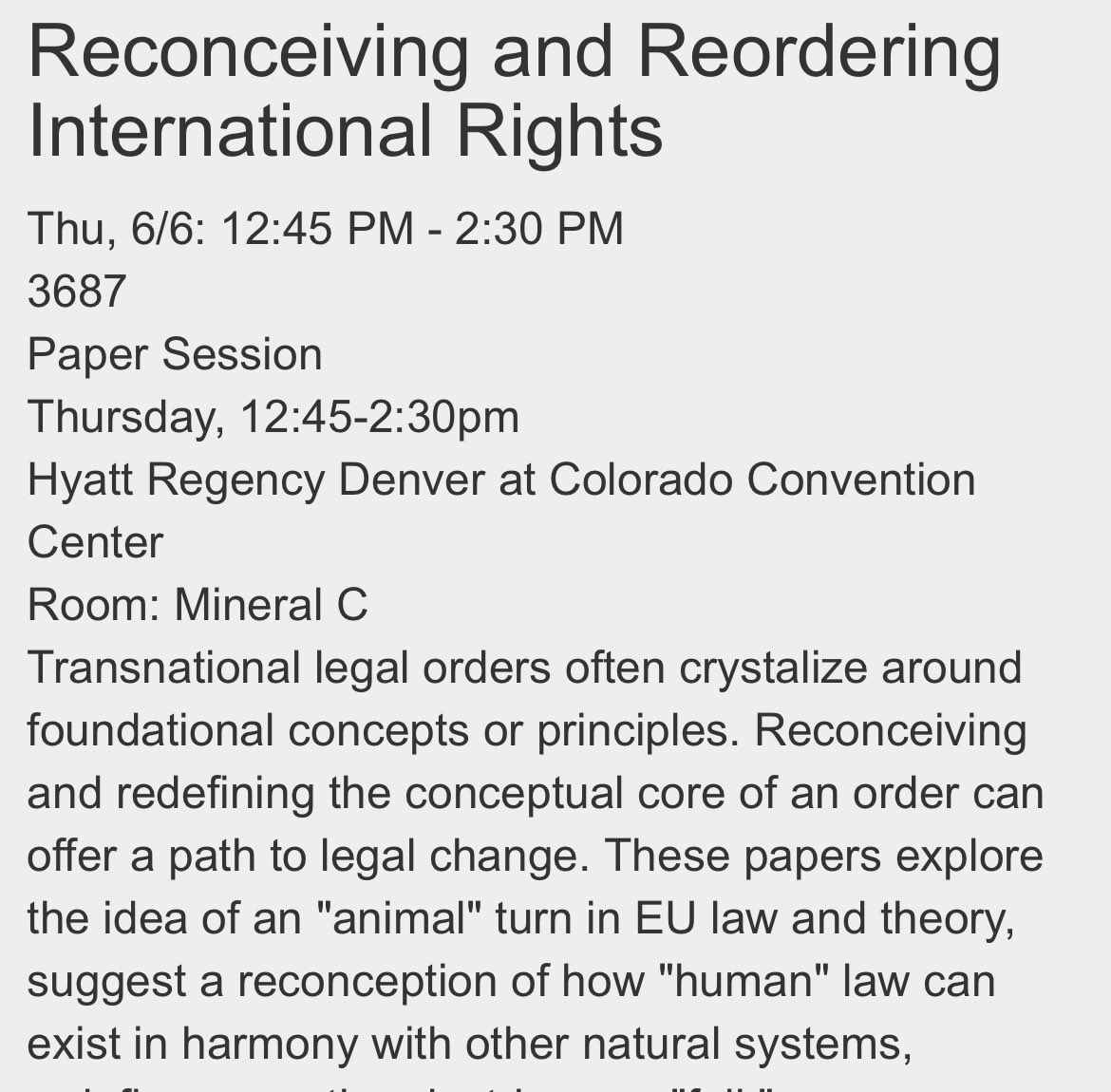 mjdurkee's tweet photo. Are you at #LSA2024 in Denver? Come to Mineral C at 12:45 today, Thursday, for a really interesting set of theoretically-inclined internationally-inclined papers, moderated by yours truly. Really original takes on legal orders re Nature, Animals, Genocide. Cool stuff. https://t.co/Io8dnMN8jy