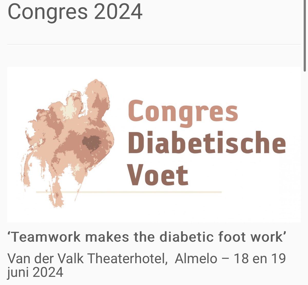 I am highly happy to be a member of the upcoming international diabetic foot congress in the Netherlands 🇳🇱 

‘Teamwork makes the diabetic foot work’
Van der Valk Theaterhotel,  Almelo – 18 en 19 juni 2024

Everyone is welcome 🙏 
Official language: English