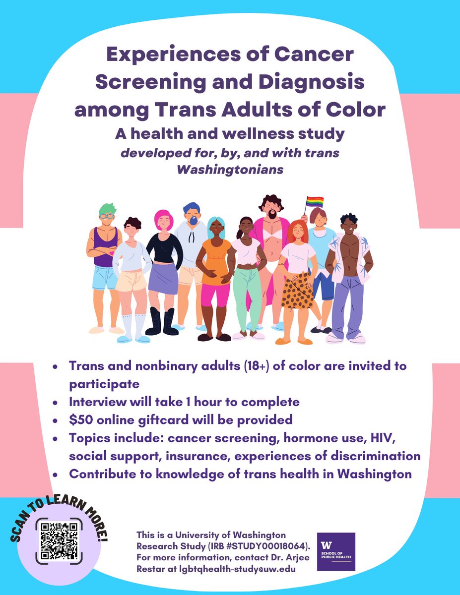 crew_tnb's tweet photo. Happy #Pride 💙🩷🤍 We are recruiting for interviews on the experiences of trans adults of color regarding cancer screening, diagnosis, and other healthcare topics! Participants will complete a one-hour interview and receive a $50 gift card. https://t.co/NuojQ9JtCy