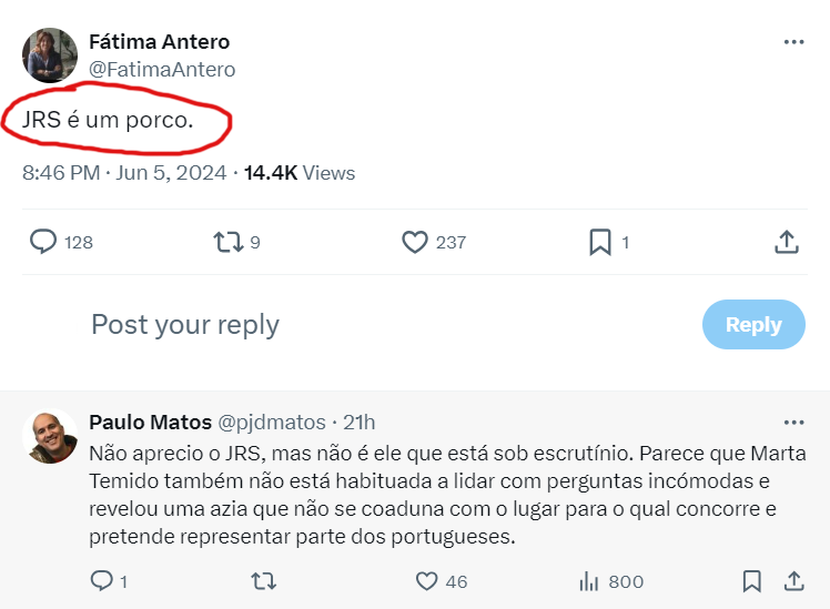pjdmatos's tweet photo. Como é que funcionam certos "cartilheiros" no X?
1) Insultam os outros;
2) Quem responder com civilidade e legitimidade, é bloqueado.

Assim fica mais fácil persistirem no ponto 1 sem correrem o risco de levarem com o ponto 2. 

#cartilheiros @FatimaAntero https://t.co/sX0LDV6cfP