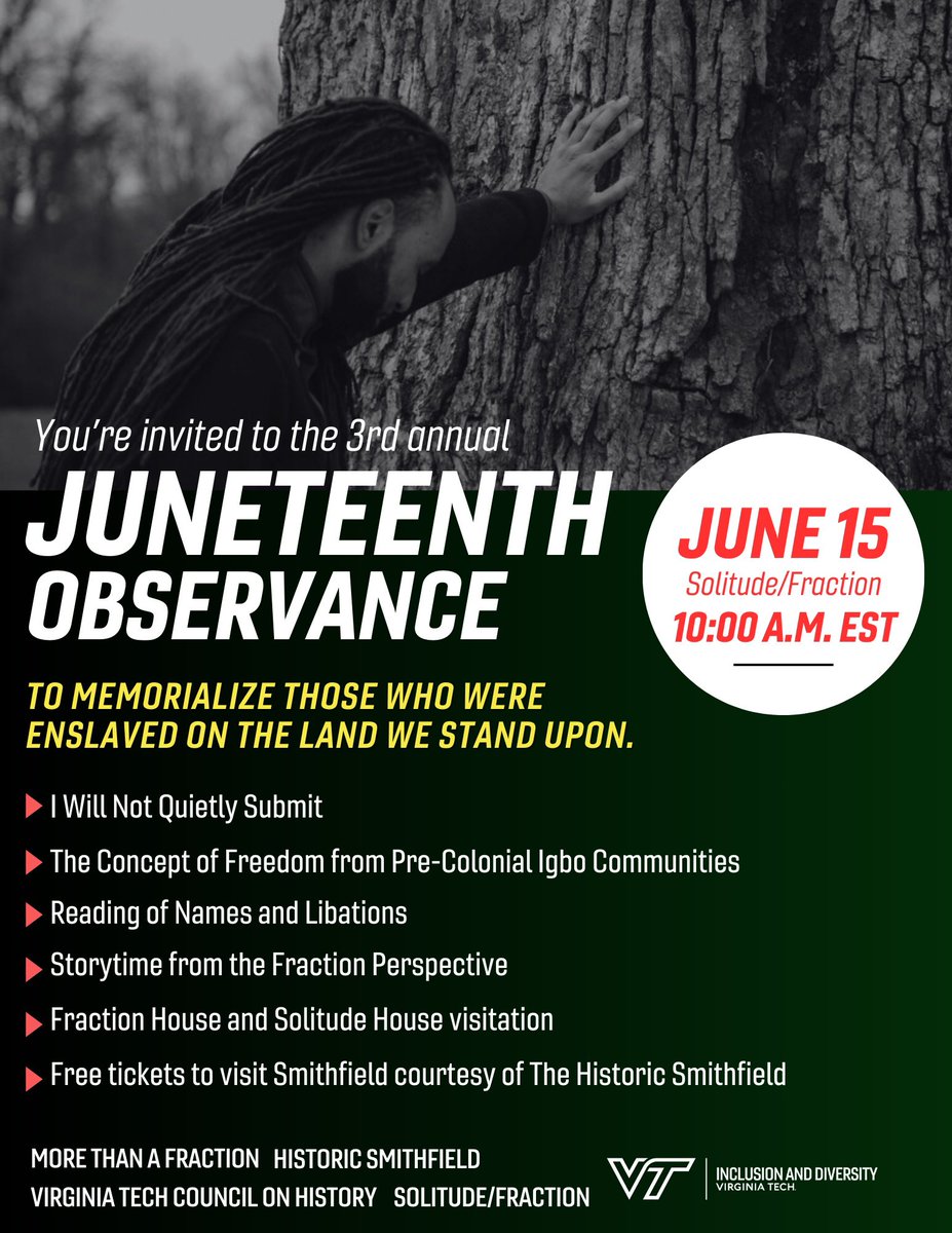 MoreFraction's tweet image. Join us on Saturday June 15th at  Solitude-Fraction at Virginia Tech. We will be honoring the names of those enslaved, discuss what the expectation of “freedom” may have been based on their Igbo (West African) heritage, &amp;amp; stay for Story Time part 2