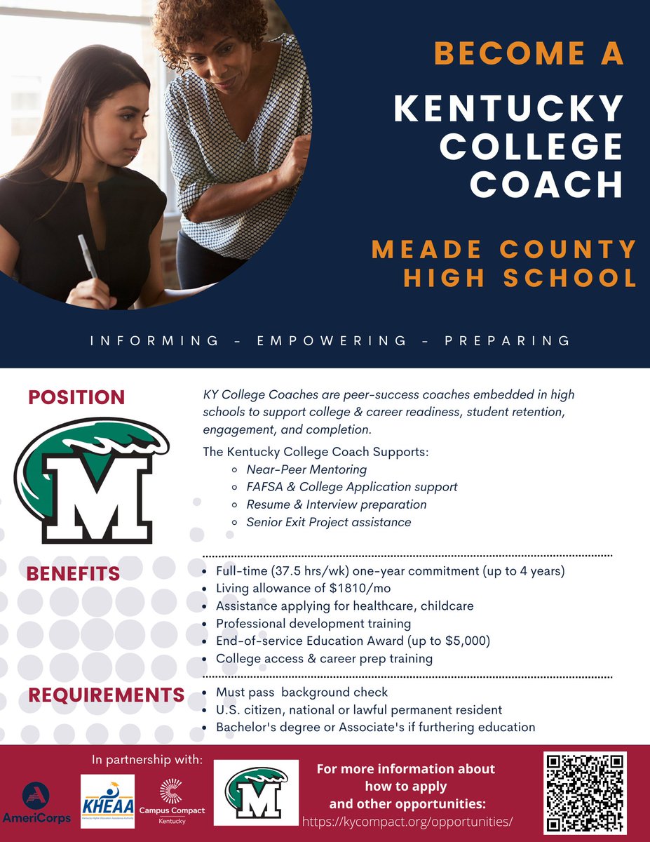 We're hiring for a #KentuckyCollegeCoach for <a href="/MEADECOUNTYHIGH/">MEADE COUNTY HIGH SCHOOL</a>! You can find more information at kycompact.org/opportunities as well as other opportunities! #JobOpportunity #KentuckyJobs #KCC #KyCC #EngageKY #AmeriCorps #GetThingsDone #CollegeAccess #StudentSuccess #CommunityImpact