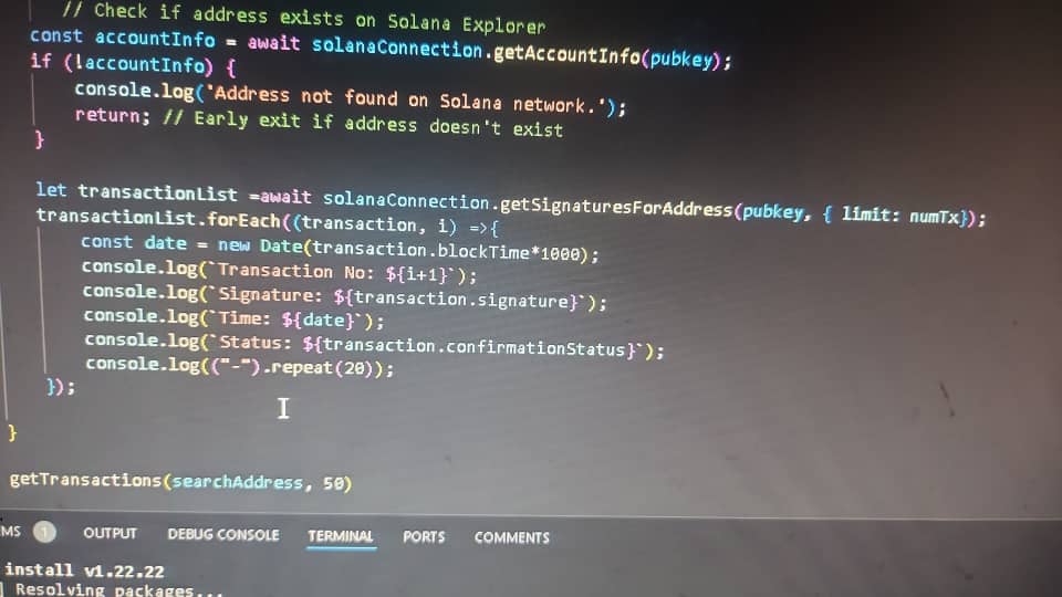 BraKoose's tweet image. Started my career as a Solana Blockchain Developer. I just wrote a basic function to get logs of transactions on smart contracts. Running it on my phone. 
#BlockchainJob #BlockchainTech #BlockchainDeveloper