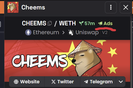 cheemscn_erc's tweet photo. Dexscreener ads running for $CHEEMS 

https://t.co/qyBRgHTbjK

$PEIPEI $BONK $ETH https://t.co/OkIcf7TOhL