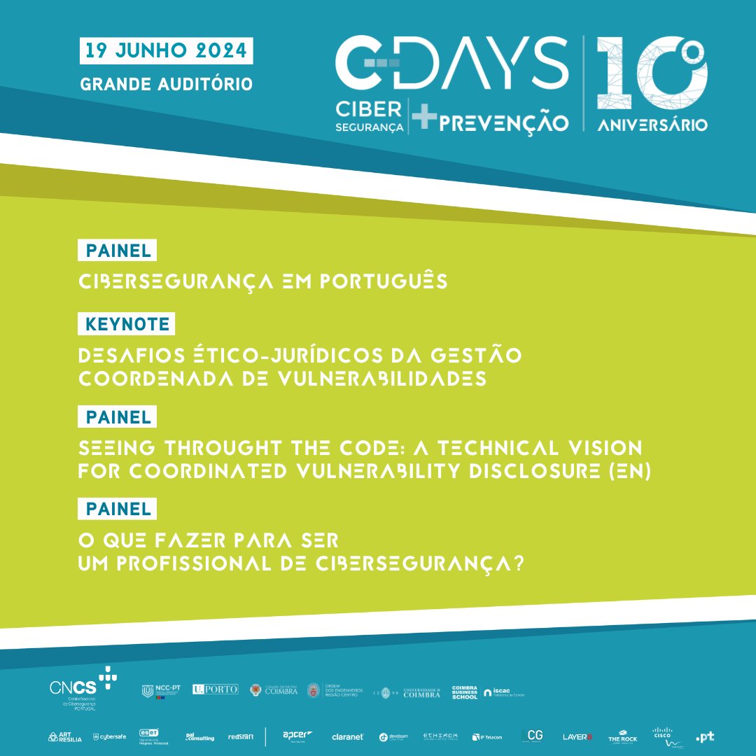 CNCSgovpt's tweet photo. 📣 C-Days 2024

A 19 de junho, no Grande Auditório, discutiremos questões como procedimentos em ciberataques, como se tornar um profissional de cibersegurança e Tic e Geopolítica. 

Contamos consigo?

Saiba mais: https://t.co/QN1VPFT5b8

#cdays #cdays2024 #CNCS #conferencias https://t.co/f5xkabBvLu