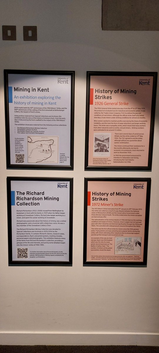 This week the 'Mining in Kent' exhibition is finally open in the Tenpleman Gallery <a href="/UniKentLibIT/">University of Kent Library & IT</a> The exhibition uses archival material from Special Collections and Archives to tell the story of the history of #mining in #Kent, with a focus on the 1984/1985 mining strike.
