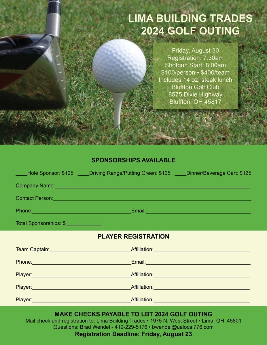 LimaBuilding's tweet photo. Have you registered for the Lima Building Trades' golf outing yet? It's a fun day of golf and great fellowship that you don't want to miss. Register your team now! https://t.co/ApBMEwsQWF https://t.co/CUzE125iuO