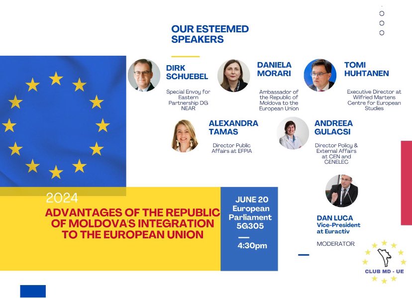 AlexandrinaRobu's tweet photo. 🇲🇩"Why European Integration"?🇪🇺
Moldova-EU Club invites you to the "Advantages of the Republic of Moldova’s integration to the European Union" debate.  

🗓️ Dates: June 20, 4:30 p.m 
📍Location: European Parliament, Spinelli room 5G305 EP https://t.co/jiLeyT8Y5M