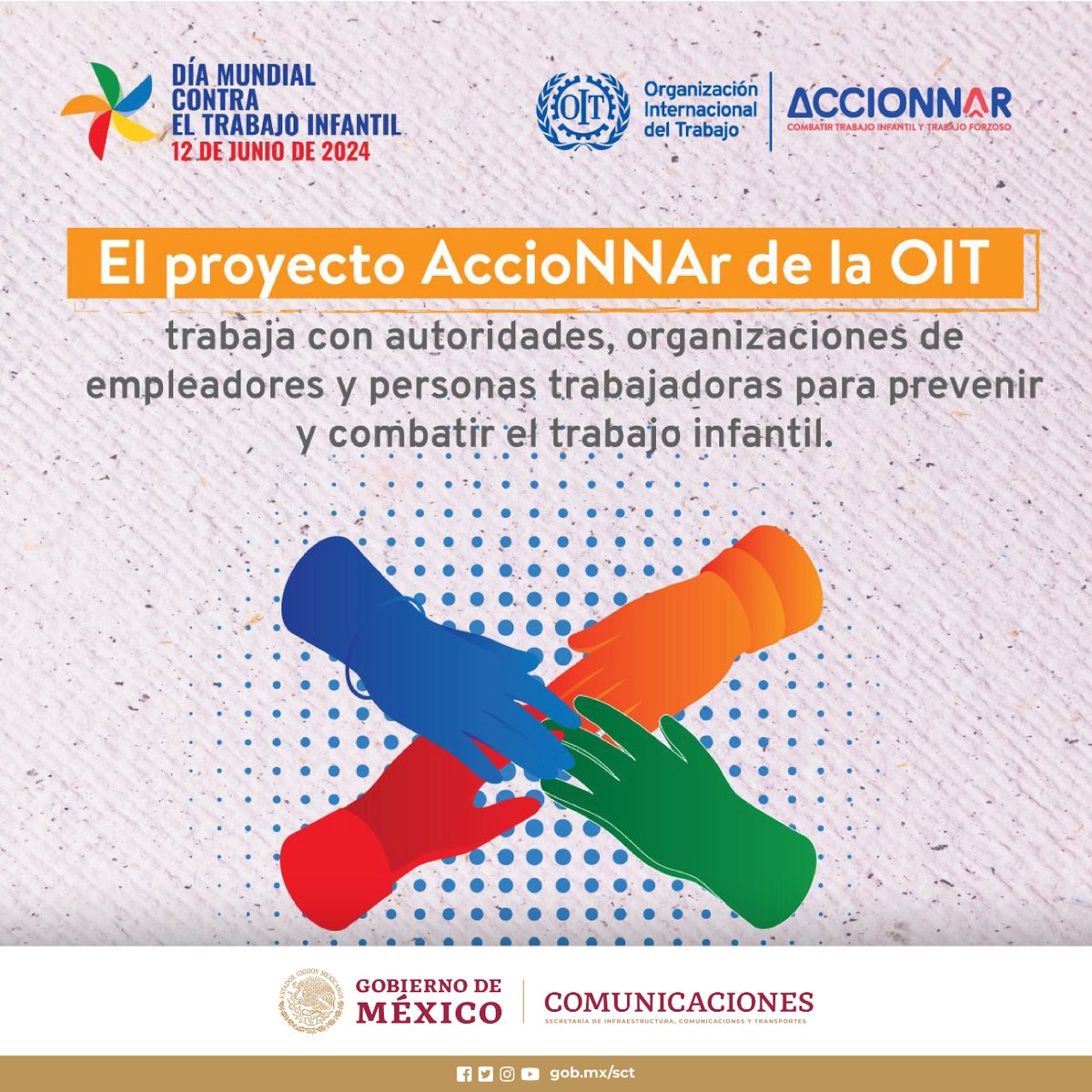 La #SICT a través de la #CITIMéxico trabaja en coordinación con la @OITMexico a través del proyecto #AccioNNAr para combatir el #TrabajoInfantil
🇲🇽 #MéxicoSinTrabajoInfantil es tarea de todas y todos
#MéxicoLibreDeTrabajoInfantil