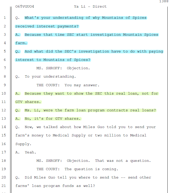 #郭案  木兰法庭证词：为什么长岛的香草山农场收到了农场借贷利息？（喜国战友们分到利息了吗？）
问：李女士，您是否知道其他农场收到了（农场借贷利息支付？
答：是的。
问：哪个？
答：香草山农场。
问：还有其他人吗？
答：没有
。。。。
问：你怎么知道那个农场收到了利息付款？
