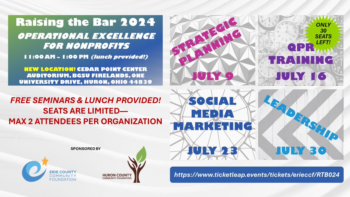 RESERVE TICKETS NOW Raising the Bar 2024 Lunch &amp; Learns! Address nonprofit operational concerns, build sustainability, &amp; grow capacity. 7/9—Strategic Planning 7/16—QPR Training 7/23—Social Media Marketing 7/30—Leadership. ticketleap.events/tickets/eriecc…