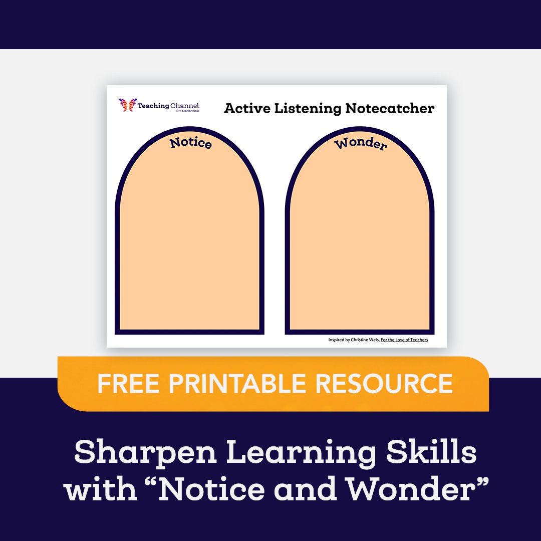 TeachingChannel's tweet photo. Active listening is a critical skill your students need to learn, for school and beyond.
Encourage active listening with the Notice and Wonder Note Catcher, a simple but effective tool for practicing listening and observation: https://t.co/7T8HqUwIiY.
#edresources #teachertips https://t.co/wlPiJ9CMCV