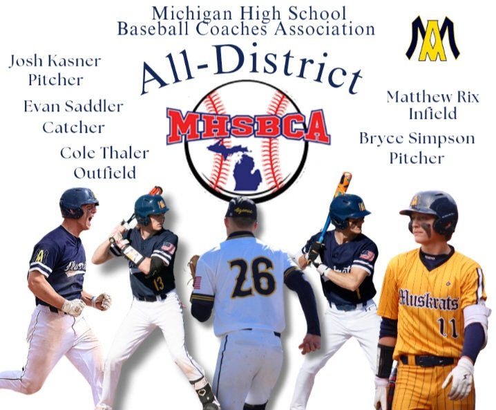 AlgonacBaseball's tweet photo. All District 1st Team:

@JoshKasner - Pitcher
@brycesimpson_11 - Pitcher
@ColeThaler6 - Outfield 
Matthew Rix - Infield
@EvanSaddler5 - Catcher

@muskratnation https://t.co/fMpp1krl58