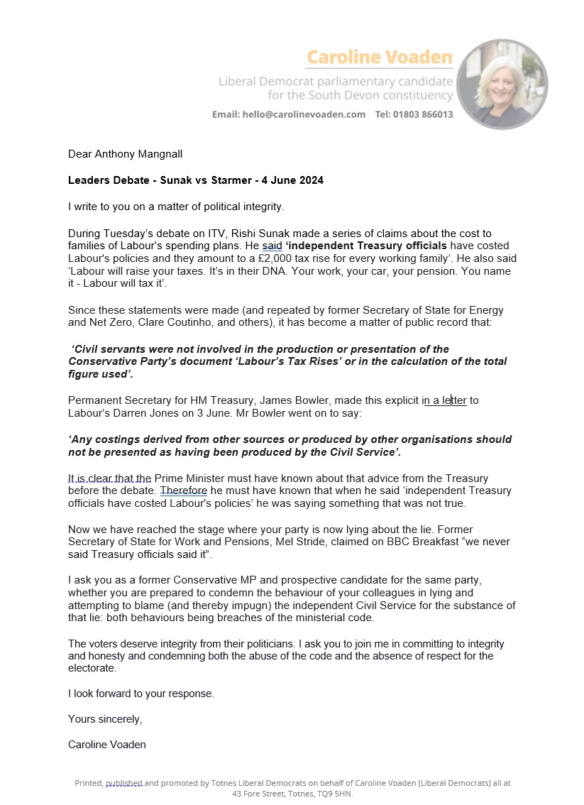CarolineVoaden's tweet image. I&apos;ve written to our Conservative Party candidate asking him to condemn the lies told by Sunak and other ministers about Treasury officials costing Labour policies.

Chief Treasury civil svnt told ministers &apos;tax attack&apos; should not be presented as having come from the civil service