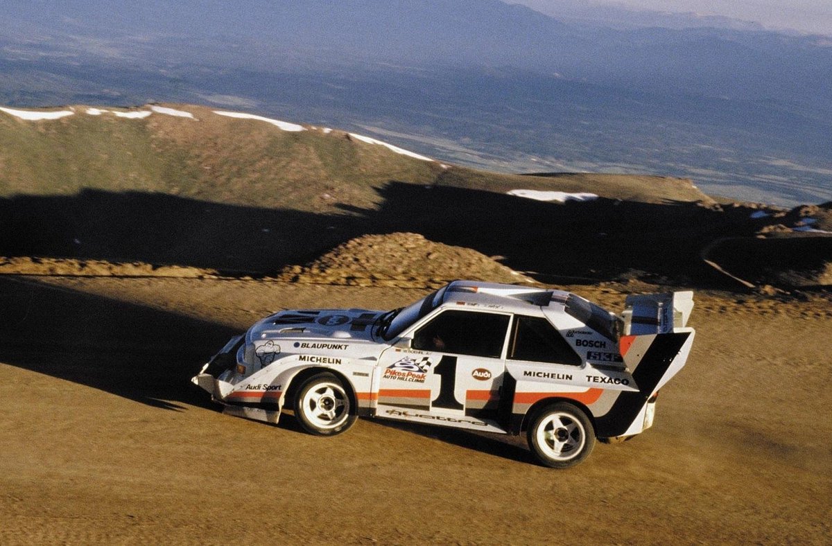RSF_Motorsport's tweet photo. Walter Röhrl, Audi Sport quattro S1 Pikes Peak. 
Pikes Peak Climb Race, 1987. 
 
#PikesPeak #HillClimb #Rohrl #Audi https://t.co/mhH1IVSptY