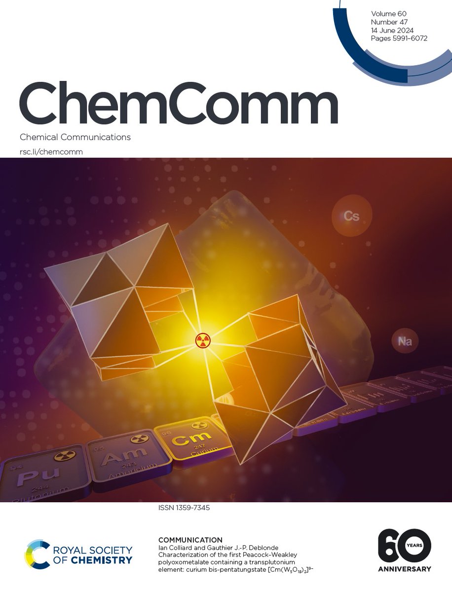Rad and heavy molecule on the cover of <a href="/ChemCommun/">Chemical Communications</a> !💎☢️💎
From <a href="/Livermore_Lab/">Lawrence Livermore National Laboratory</a>'s research on #actinides and #polyoxometalates.

#POMNews #heavy_elements <a href="/doescience/">DOE Office of Science</a> 
#nuclear #felements #JournalCover #chemtwitter
Research article here: pubs.rsc.org/en/content/art…