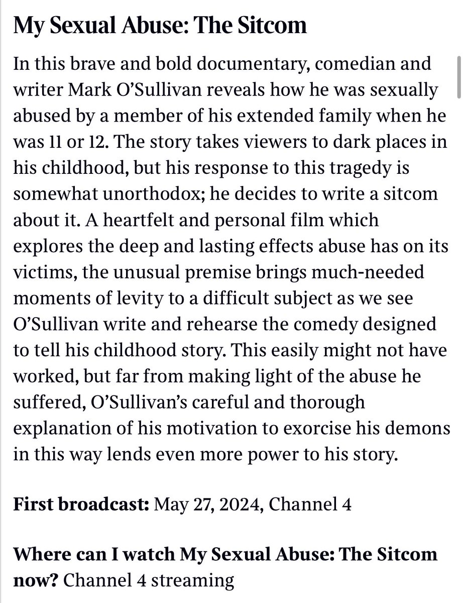 A massive thank you to <a href="/thetimes/">The Times and The Sunday Times</a> for including #MySexualAbuseTheSitcom in the best tv shows of 2024. 

If you haven’t seen it yet, it’s available here Seen 'My Sexual Abuse: The Sitcom'? Watch it here on Channel 4:

channel4.com/programmes/my-…