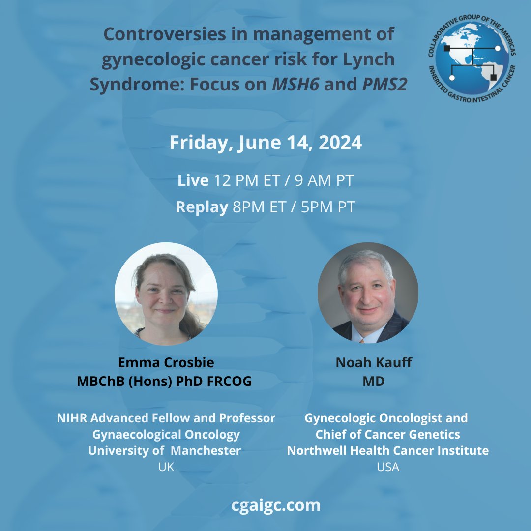 This is proving to be a popular webinar! @ProfEmmaCrosbie & @NoahKauffMD will🔎on controversies regarding MSH6/PMS2 in particular & highlight variations in guidelines & other areas relevant to clinical practice & #geneticcounseling ✅Register👉cgaigc.com/webinars