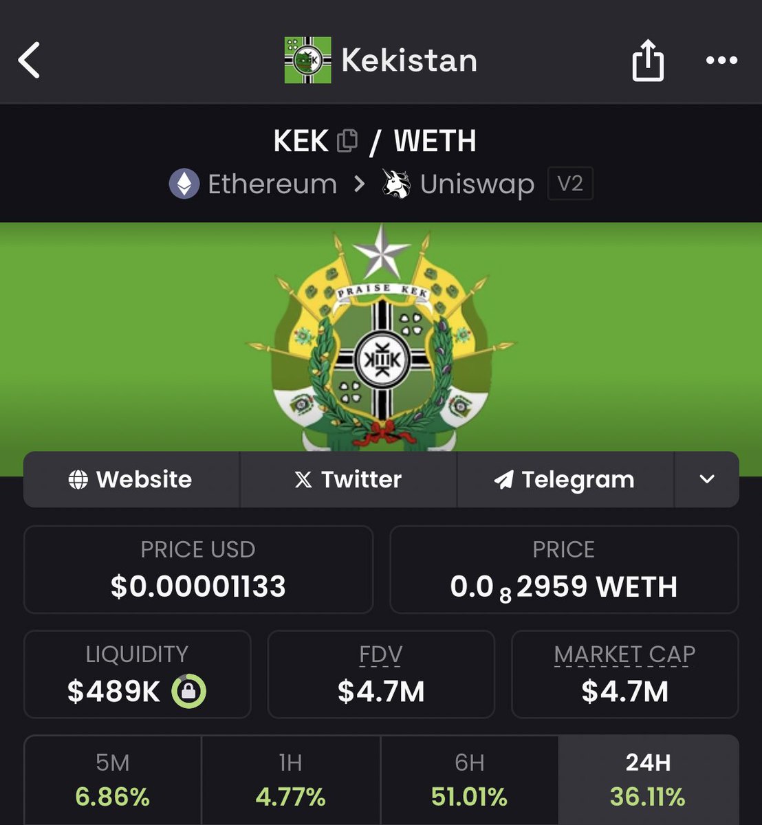 $kek

克克斯坦所有的 meme 的诞生地 每个meme都是克克斯坦的居民

维基百科有非常多的介绍 CTO了

网页可以生成护照
社区理想是到达500M后去买一座岛命名为 #kekistan

0x4AdE2b180f65ed752B6F1296d0418AD21eb578C0

kekistan.world
t.me/KekistanCTO
<a href="/Kekistan_CTO/">Kek istan</a>