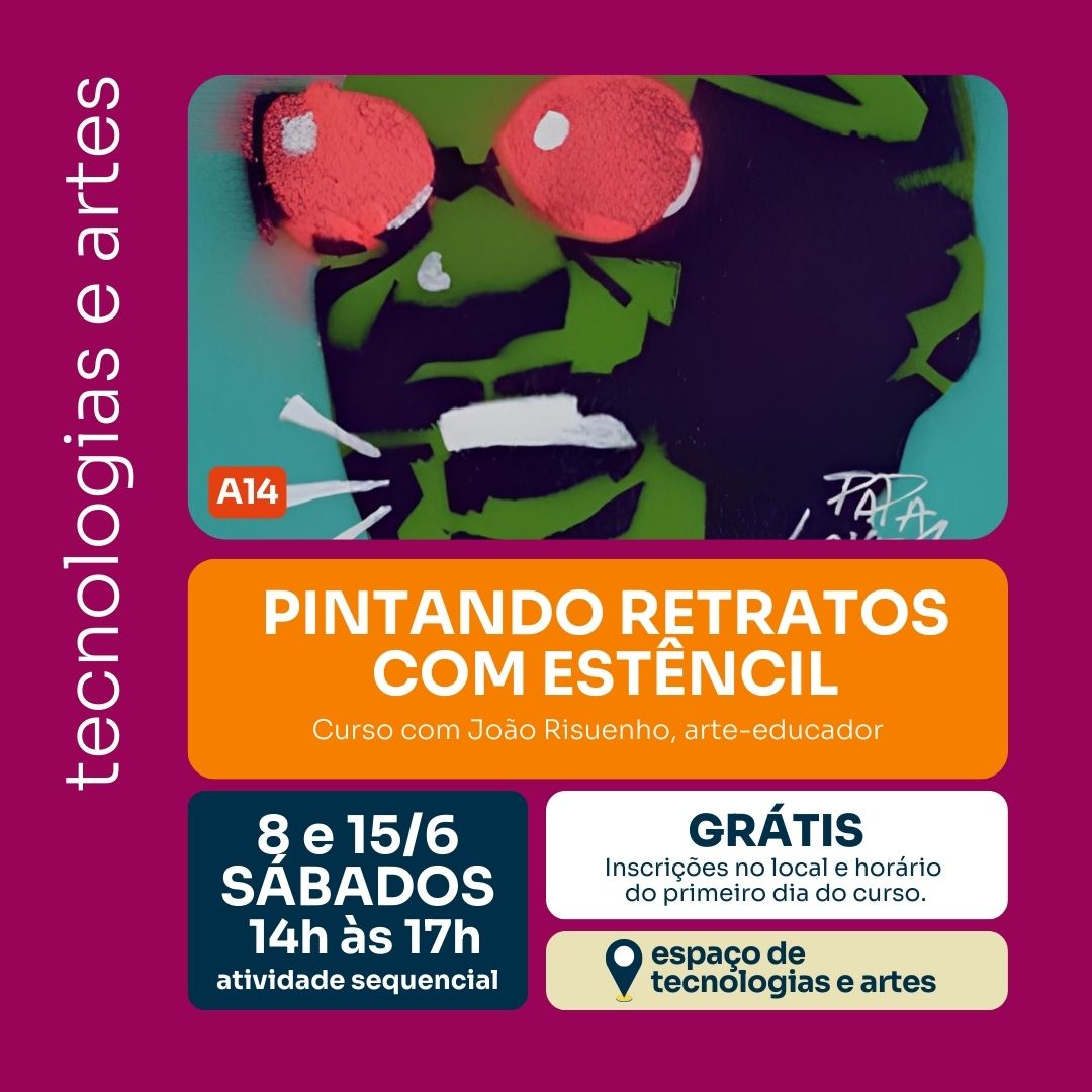 os próximos dois sábados (8 e 15) rola aqui no <a href="/sescbauru/">sescbauru</a> o curso PINTANDO RETRATOS COM ESTÊNCIL com João Risuenho, arte-educador.

🕗 Sábados, 8 e 15 de junho | 14h às 17h
🎫 GRÁTIS (Indicado para + 14 anos)
Inscrições no local e horário do primeiro dia do curso.

#sescbauru