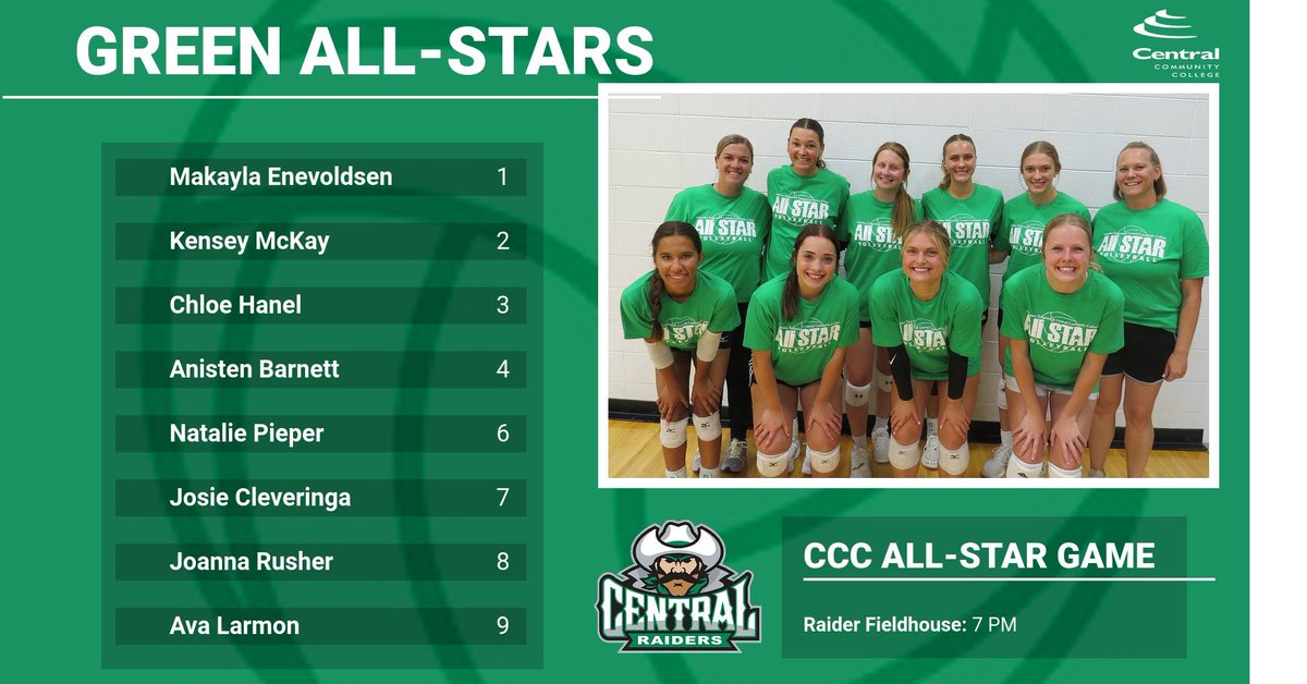 CCCRaidervb's tweet photo. It’s All-Star Game Day! Head up to the Fieldhouse to these stars take the court. First serve at 7! https://t.co/KVoeDgraYF