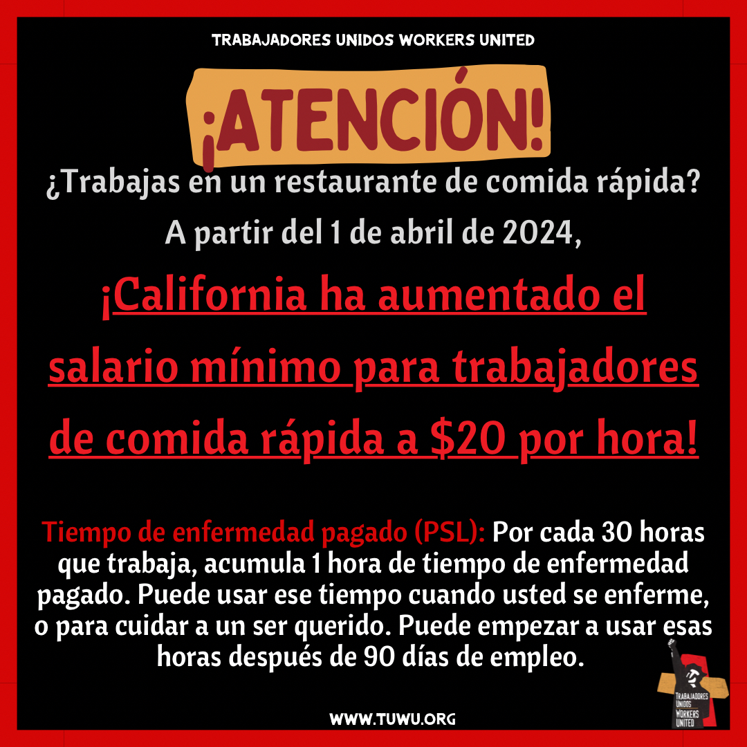 As of April 1st, 2024, the state of California increased the minimum wage for fast food workers to $20/hr, also known as AB1228. 💥

Join us next Thursday June 13th at 6:30pm via zoom to learn more about your Working Rights as a Fast Food worker!  ✏️