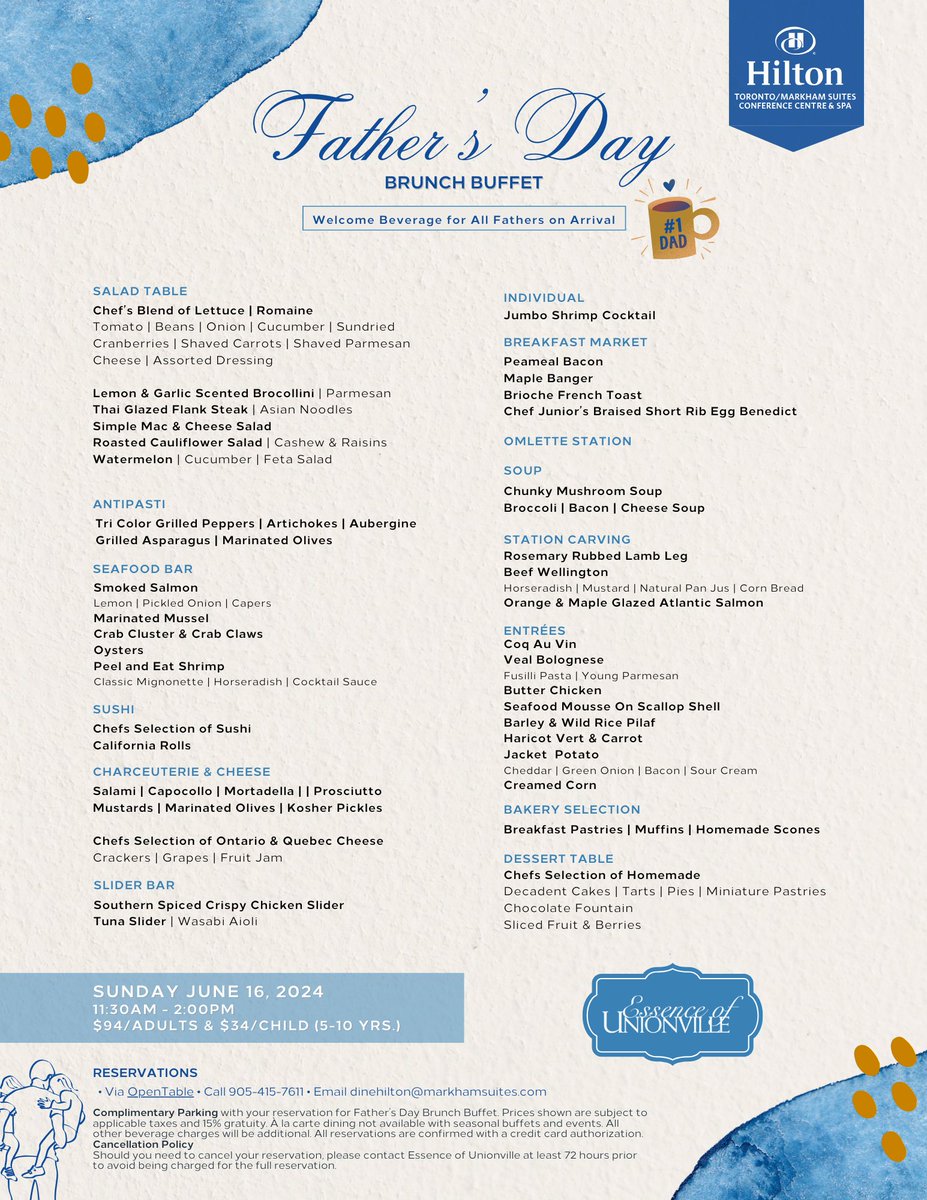 Treat dad to a day we know he’ll love! 💙🥞🍻

Reserve your table now! 🍽️🥩👔
• OpenTable [Search Essence of Unionville]
• Call 905-415-7611
• Email dinehilton@markhamsuites.com

#FathersDay2024 #CelebrateDad #HiltonMarkham