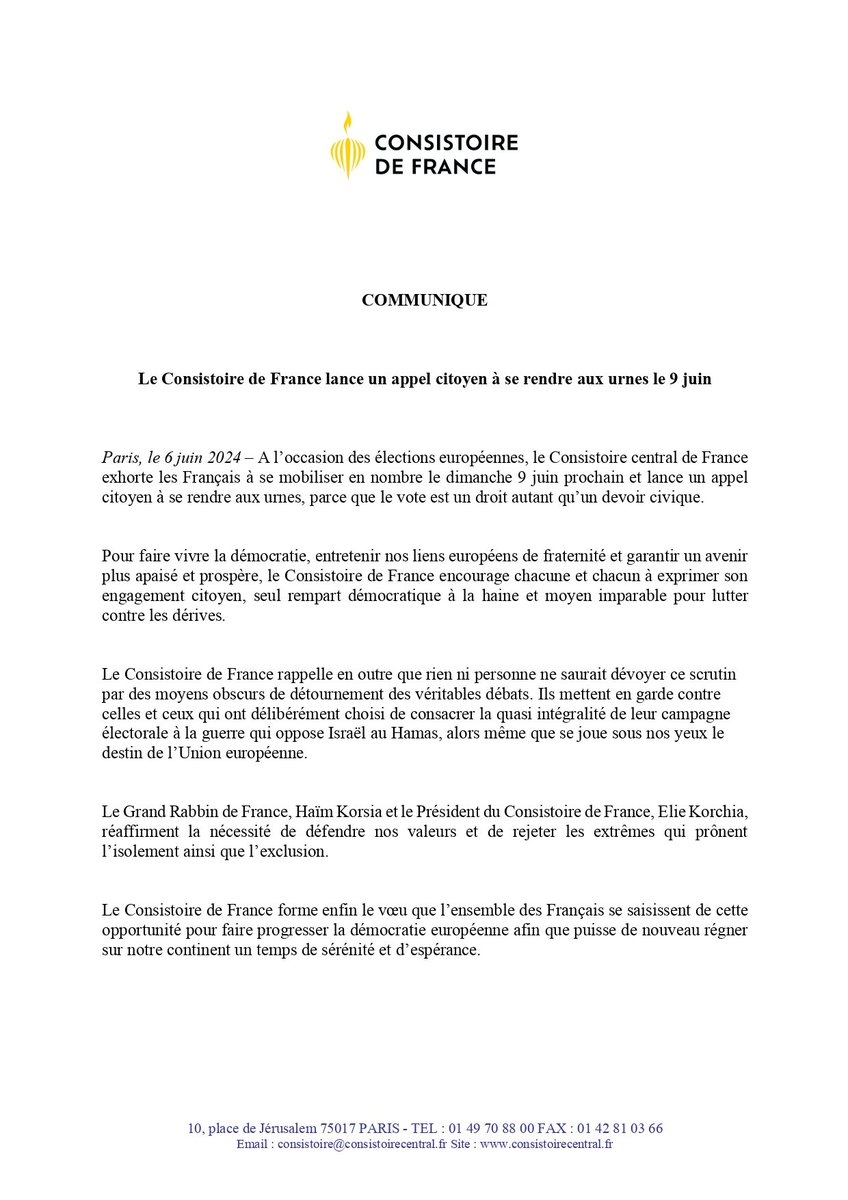 🔴 Communiqué - Le <a href="/ConsistoireFr/">Consistoire Central</a> lance un appel citoyen à se rendre aux urnes le 9 juin #Europeennes2024Français